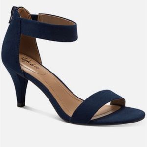 Denim open toe heels